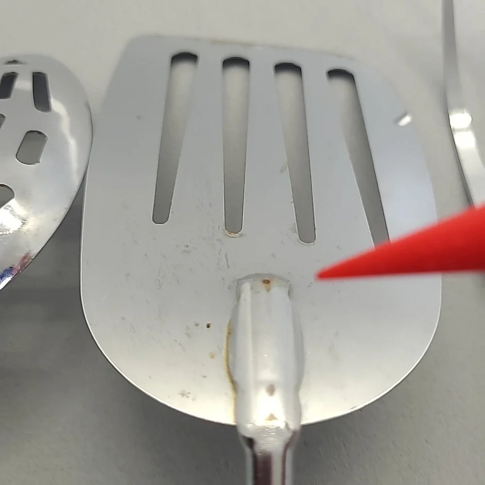 Vintage EKCO‎ Kitchen Utensil Set 3pc Cream Handle Spatula Fork Spoon USA